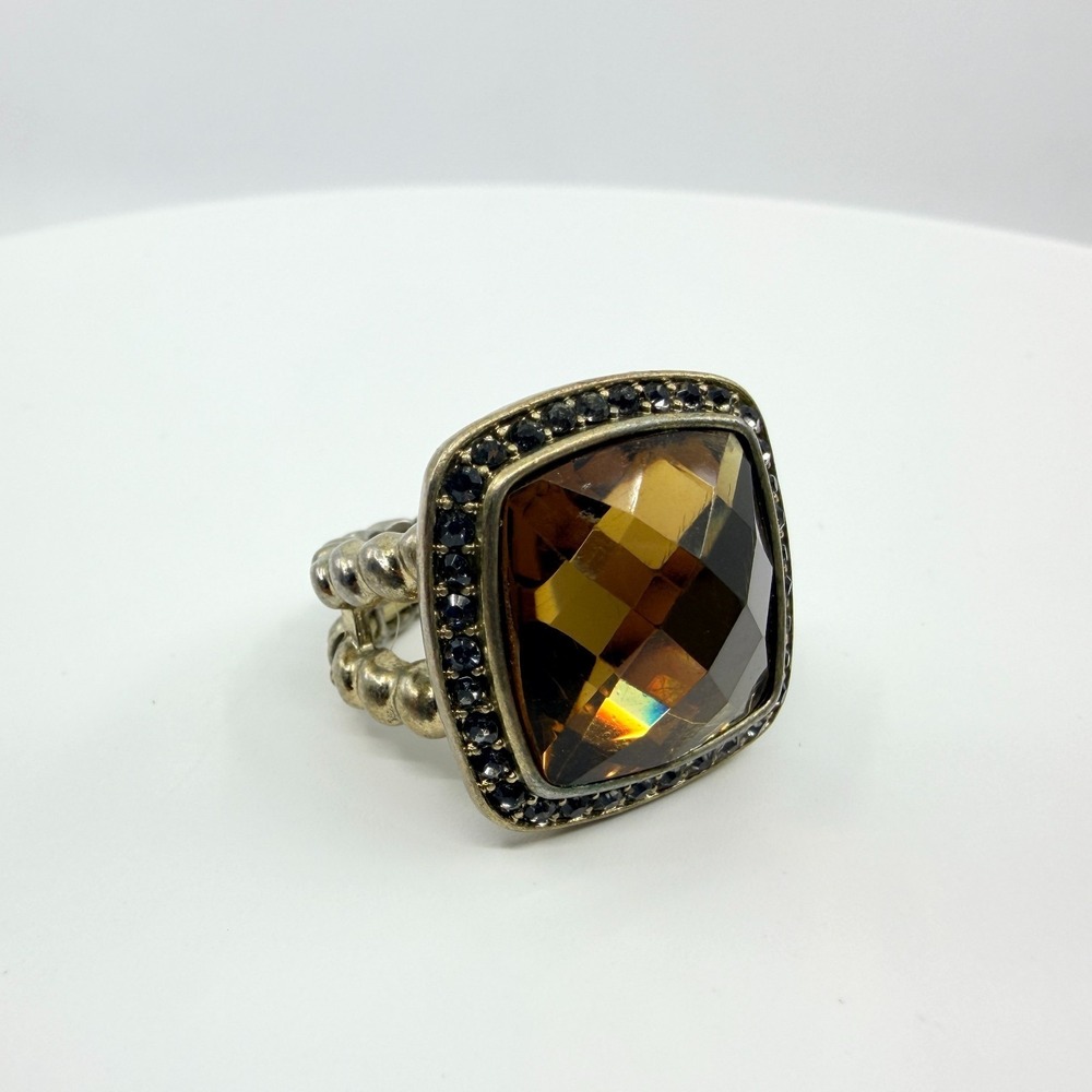 VTG Silver Tone Smoky Topaz Glass Cushion Cut Cocktail Ring